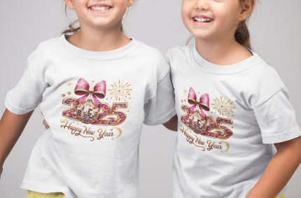 Kids Tee, Happy New Year 2025, Red Coquette Bow Glitter Shirt