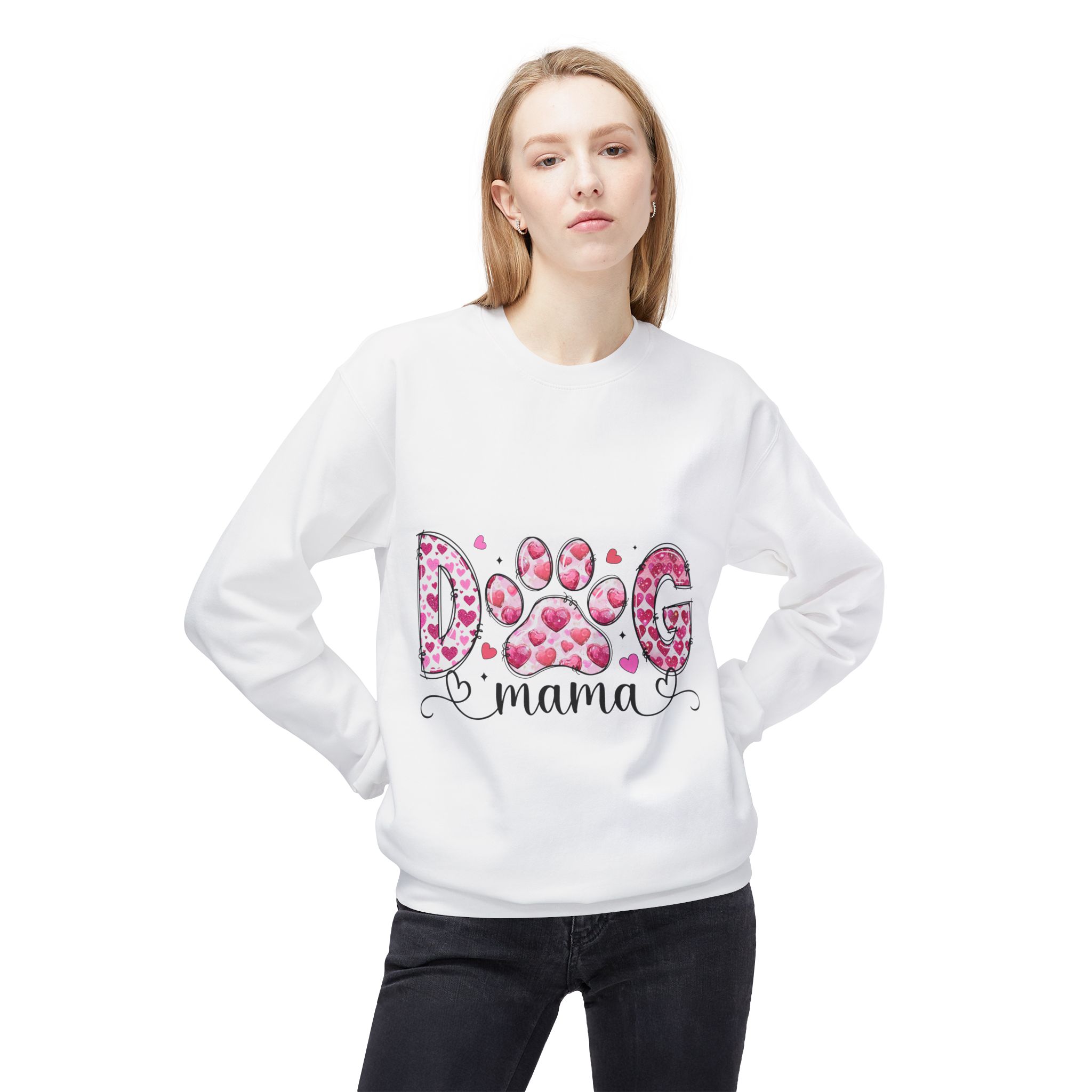 10731824069875354244_2048.jpeg Dog Mama Fleece Sweatshirt – Cozy Pet Lover Apparel with Heart Paw Print Design – Perfect Gift for Dog Lovers - Image 1